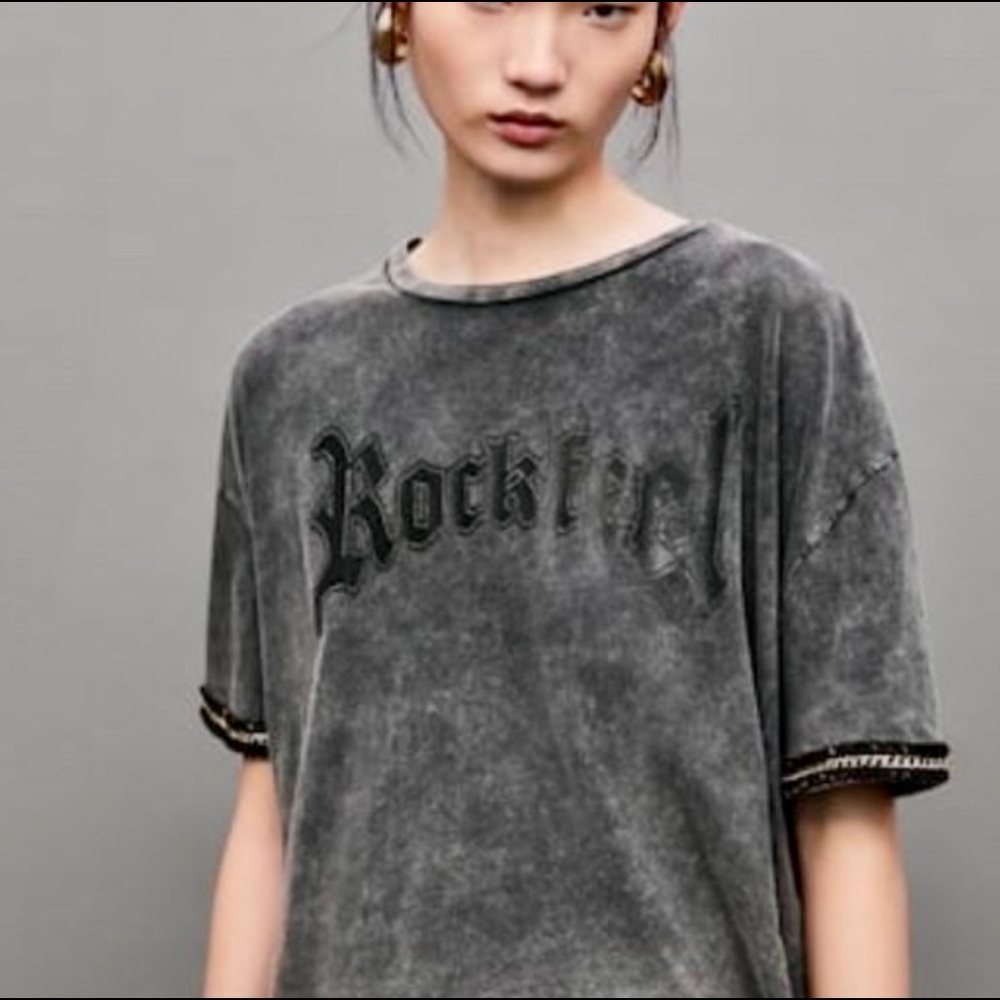 Zara Cropped ROCKFEEL Graphic Tee Gray Size S